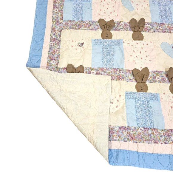 Vintage Baby Quilt Blanket Floppy Bunny Ears Hearts Blue Cream Pink Floral 44x50 - Picture 5 of 13